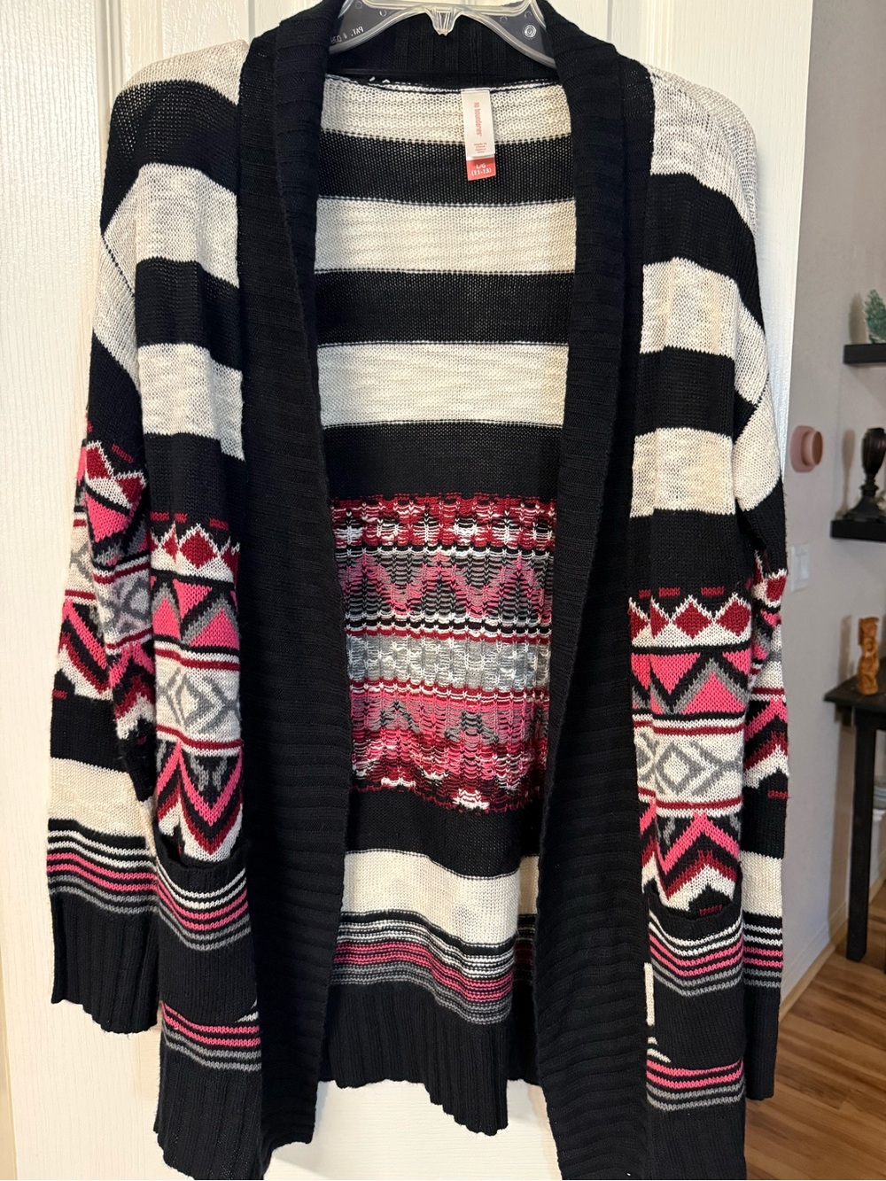 No Boundaries Black, White & Pink Striped Open-Front Cardigan